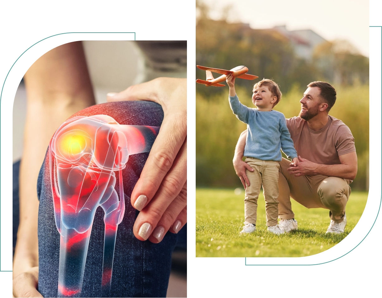Split image: Left shows a digital illustration of a painful knee joint. Right shows a man and child, with the child holding a toy airplane in a park.